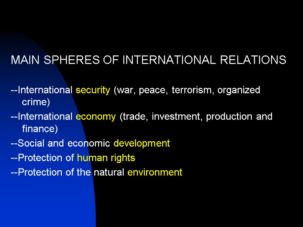 MAIN SPHERES OF INTERNATIONAL RELATIONS --International security (war, peace, terrorism, organized crime) --International economy